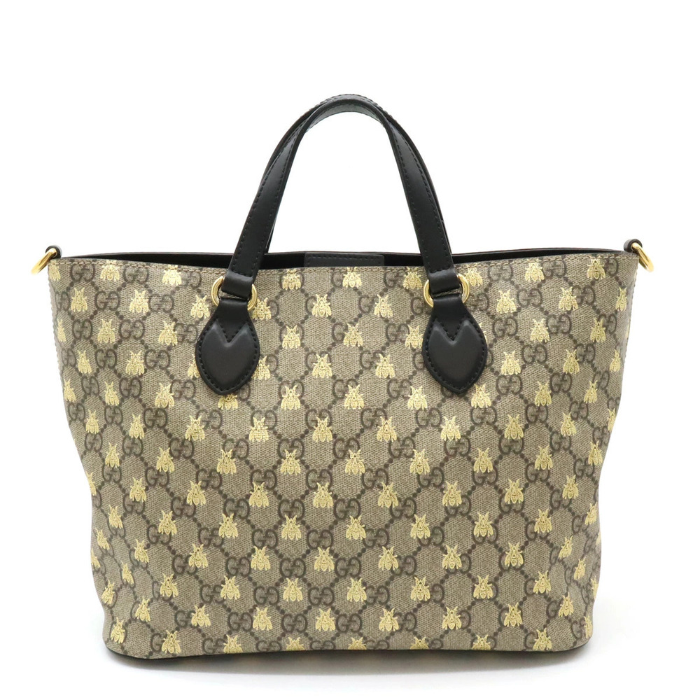 Gucci GG Supreme Bee Tote Bag Handbag Leather Beige Cream Black Gold Strap